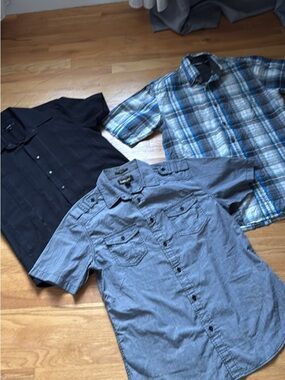Men's Short-Sleeve Casual Button-Up Shirt - Blue/Grey Plaid & Solid bundle